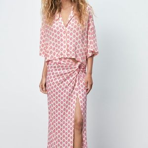Zara Flowy Printed Shirt Ecru + Printed MIDI Skirt (Set) Sz S